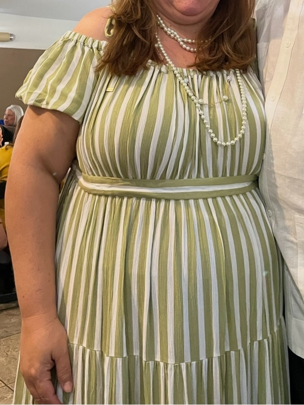Michael Kors Olive Green and White Striped Off-Shoulder Maxi Dress